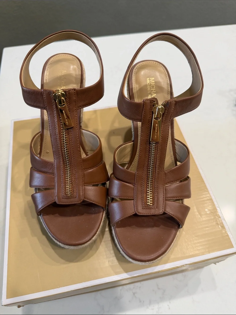 Michael Kors Brown Leather Espadrille Wedge Sandals with Gold Zip